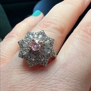 VTG Art Deco Style Pink Diamond CZ Cluster Silver Rose Gold Plated Cocktail Ring